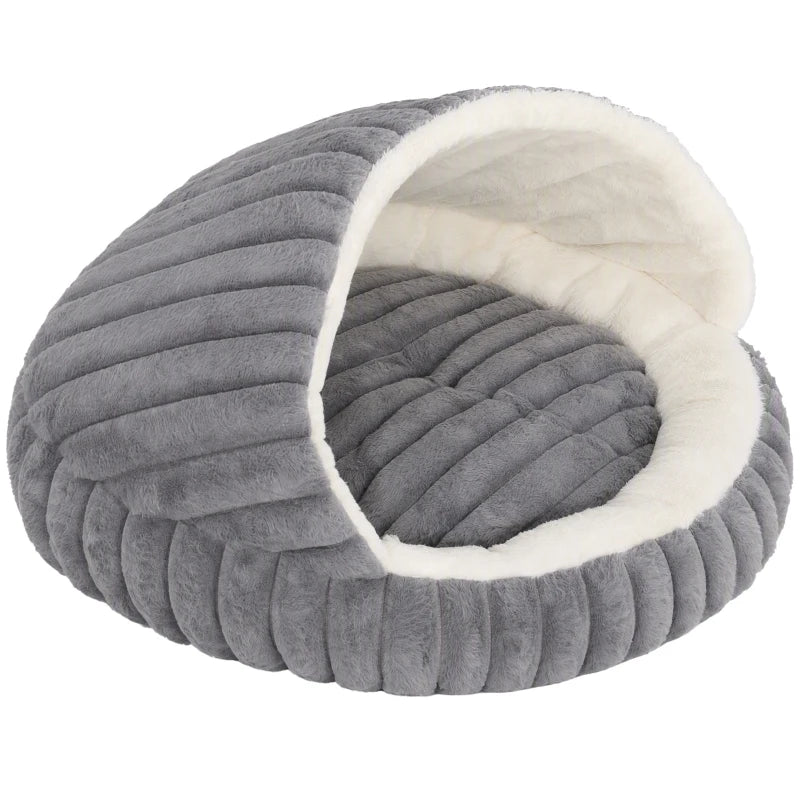 Grey plush cat cave bed with cushioned interior and rounded hood opening