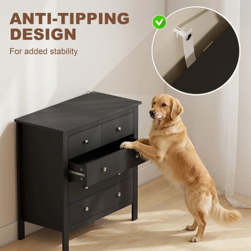 Black dresser with stacked drawers and round metal knobs, steady anti-tip design