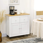 White sideboard cabinet with wood-grain top, upper drawers and lower double doors