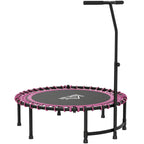 Pink mini round trampoline with black legs and padded adjustable handle