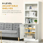White pantry cabinet with open door revealing stepped adjustable shelves inside