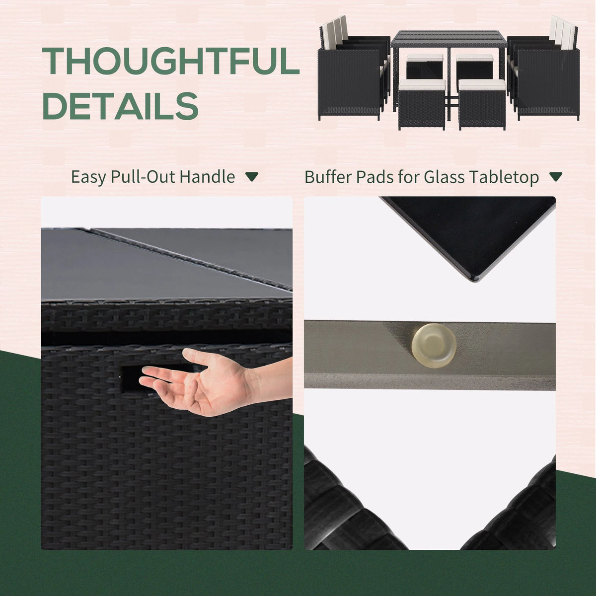 Black rattan dining set details, including pull-out handles and glass tabletop buffer pads