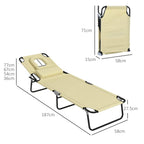 Beige folding sun lounger with face hole, adjustable backrest, and steel frame; size diagram
