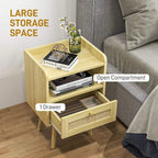 Light wood bedside table with open compartment, single drawer, and rattan storage panel
