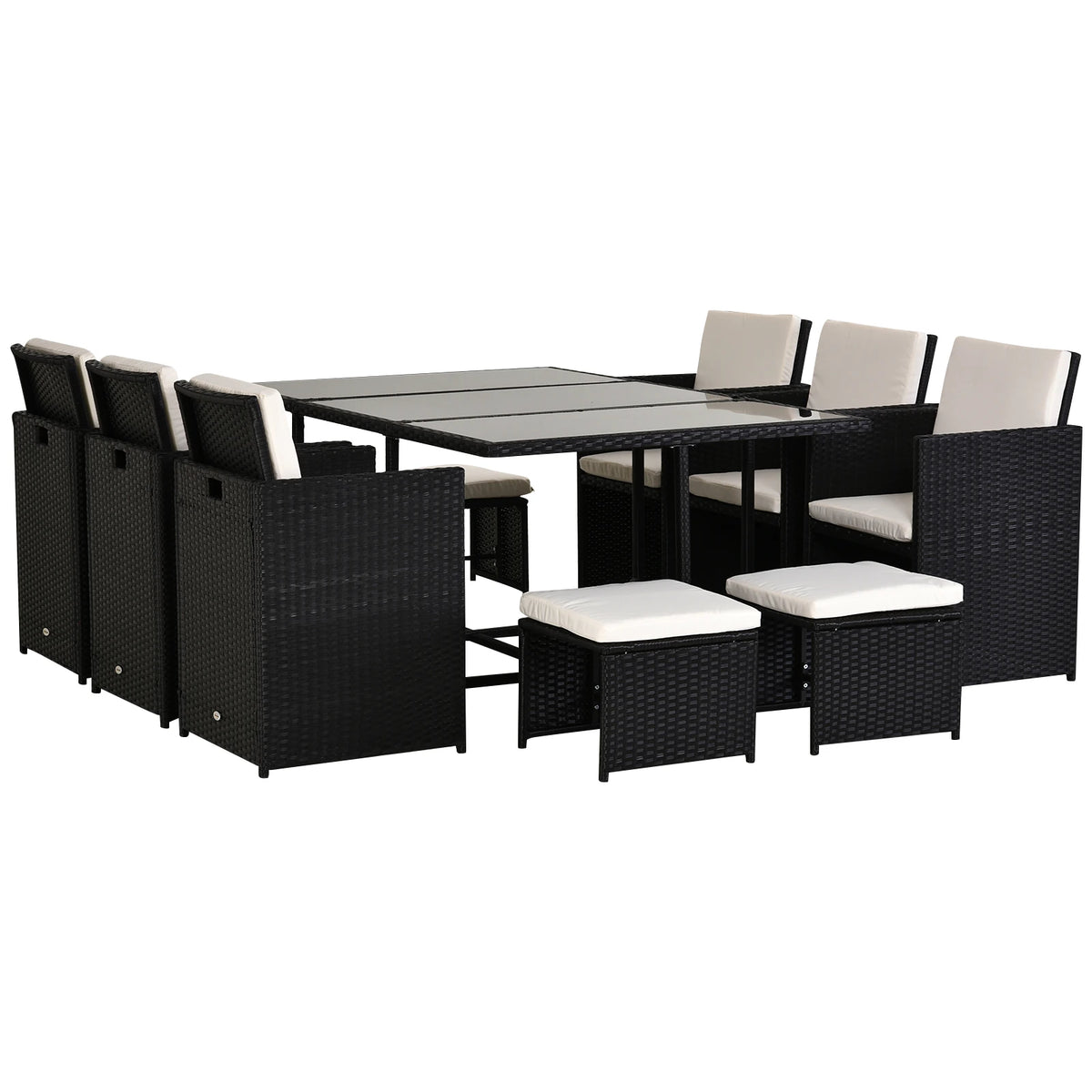 Black rattan patio dining set with glass table, white cushions, six chairs and four stools