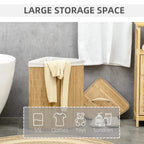 Bamboo laundry hamper with lid and white lining, large storage capacity graphic shown.