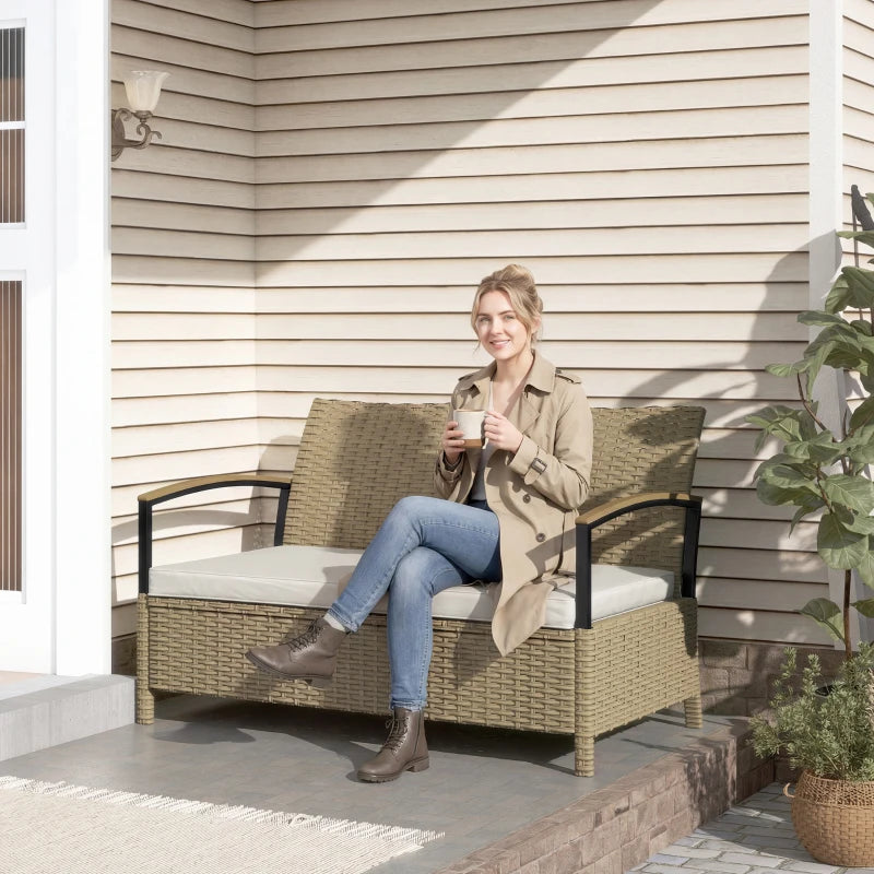 Khaki two-seater outdoor storage bench with padded cushion and rattan-style weave
