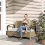 Khaki two-seater outdoor storage bench with padded cushion and rattan-style weave