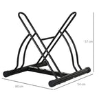 Black two-bike floor parking stand with angled frame bars and front wheel arches