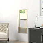 Gold-tone grid wall mirror with rectangular frame and reflective glass panels.