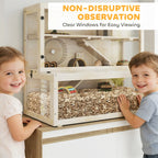 Wooden hamster cage with large clear front viewing window and openable panels
