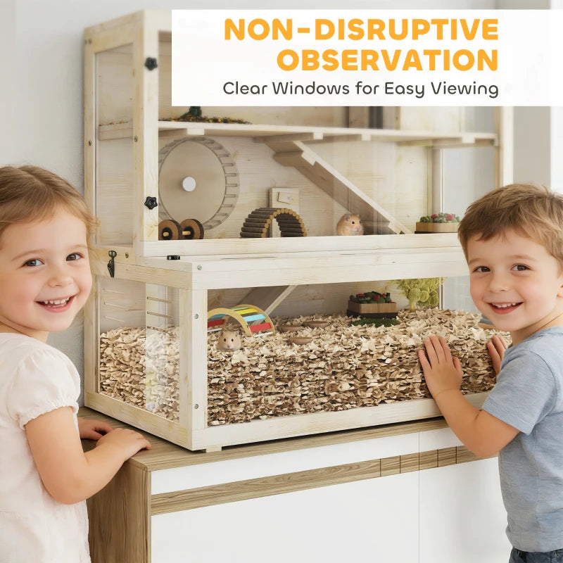 Wooden hamster cage with large clear front viewing window and openable panels