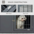 Grey dog crate with wire front and solid MDF panels and steel tube frame, latch detail