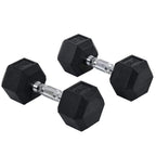 Black rubber hex dumbbell set with knurled steel handle, multiple weights