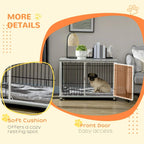 Indoor dog crate end table with front door open and grey removable cushion