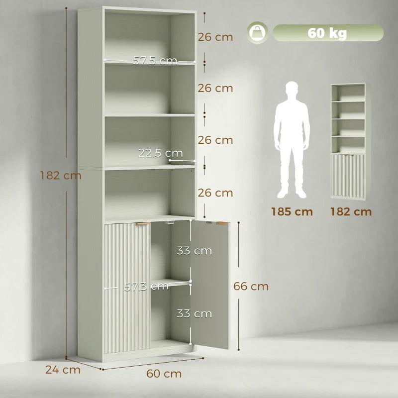 Light green adjustable-shelf bookcase with open cubbies and ribbed double-door storage