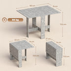 Grey folding dining table shown with folded and unfolded dimensions