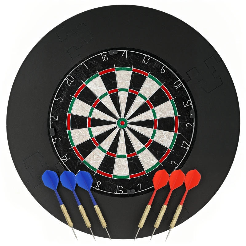 Black bristle dartboard with steel-tip darts laid in front