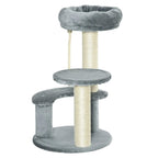 Grey cat tree with plush round top, middle platform, and sisal-wrapped scratching post