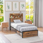 Rustic brown single bed frame with slatted base, under-bed storage drawers, black frame