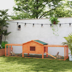 Orange wooden rabbit hutch with run and ramps, wire mesh sides, outdoor use