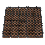 Underside view of brown interlocking deck tile with black plastic base and circular holes