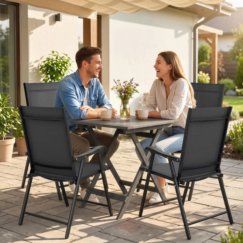 Set of 4 black folding high-back dining chairs with armrests for outdoor patio seating