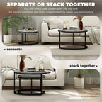 Set of two nesting tables with grey marble-effect tops, black frames for stacking or separate use