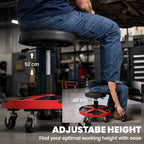 Height-adjustable padded creeper stool with smooth-rolling caster base and swivel seat