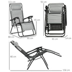 Grey zero-gravity recliner chair with detachable headrest and footrest, open and folded views