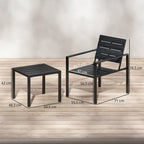 Black bistro set with square table and two slatted chairs, viewed with size labels
