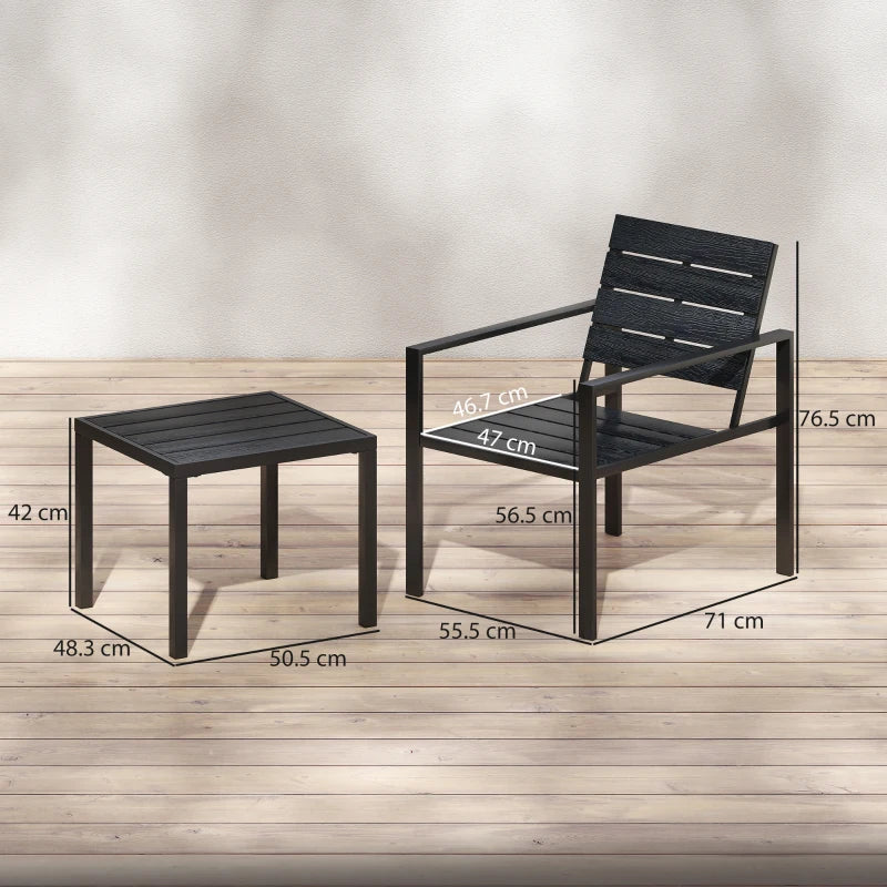 Black bistro set with square table and two slatted chairs, viewed with size labels
