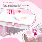 Pink dressing table with large tabletop, heart drawer pulls, and storage shelves