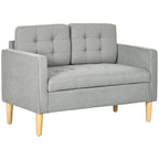 Light grey tufted 2-seat sofa with curved arms and wooden legs