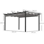 Grey retractable-roof aluminium pergola with four legs and sloped canopy roof, diagram view