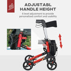 Rollator walker with adjustable-height padded handles and black seat with storage pouch
