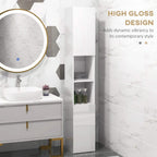 White high-gloss bathroom cabinet with open door revealing shelves for toiletries