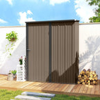 Brown corrugated steel garden shed with single door and vertical panel siding