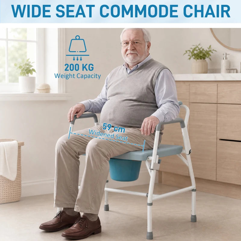 Wide-seat bedside commode chair with blue seat and backrest, white frame and armrests