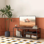 Rustic brown TV stand with black metal frame and two open storage shelves