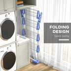 Blue folding clothes horse with compact design and hanging racks for drying
