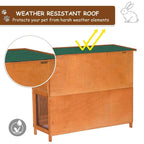 Natural wood two-tier guinea pig hutch with sloped roof and front wire mesh door.