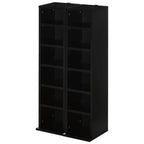 Black media storage shelf unit with front open compartments and side panels