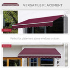 Retractable awning above a door or window with maroon canopy and scalloped edge.