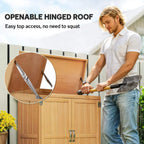 Wooden garden shed with openable hinged roof, double doors and metal latch handles