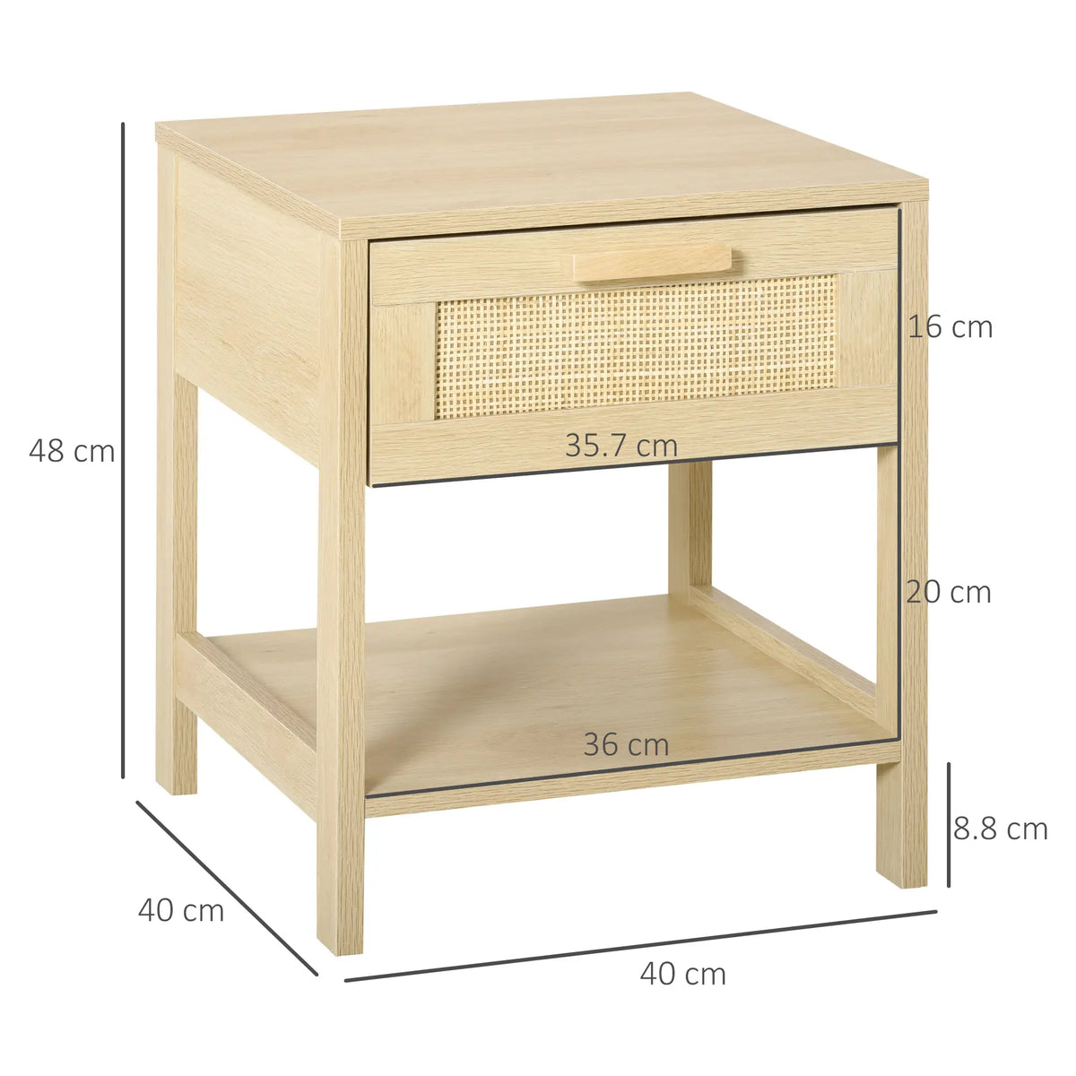 Natural wood nightstand with rattan drawer and shelf, shown with dimensions