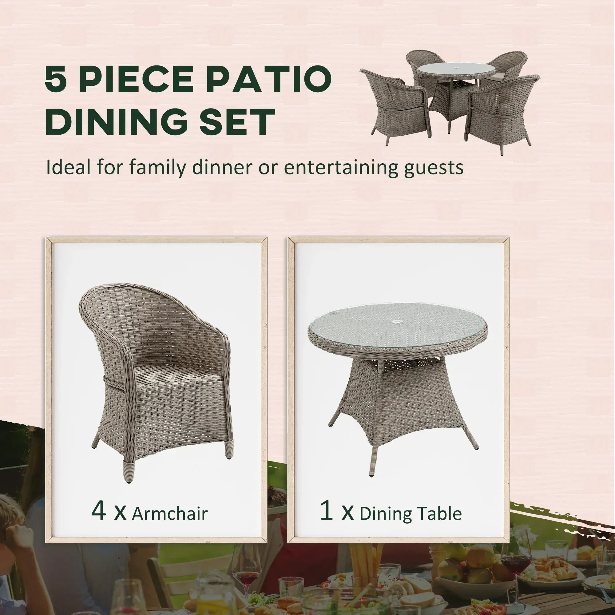 4 Seater Rattan Garden Furniture Set with Cushions, Round PE Rattan Dining Set with Glass-Top Table, Umbrella Hole, Outdoor Garden Table and Chairs, Mixed Grey - Bobobiy