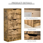 Rustic brown shoe cabinet details: cut-out handle, elevated base, anti-tipping hardware.