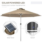 Khaki solar LED parasol with built-in solar panel and control switch on pole