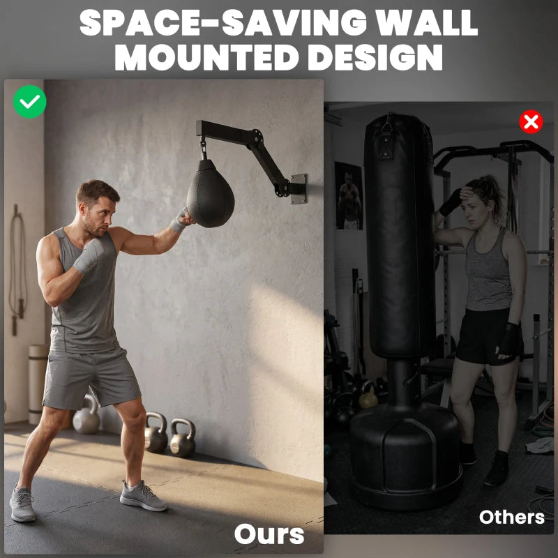 Wall-mounted speed bag with black hanging bag and angled support arm for training